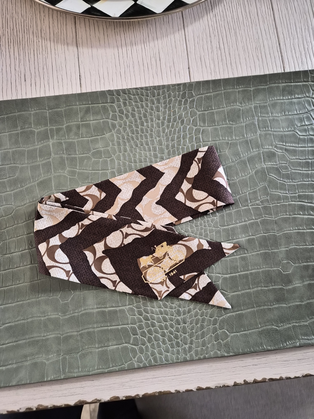 Coach Brown and Beige Signature Silk Twilly/ Scarf with Gold Carriage Detail - Picture 2 of 2